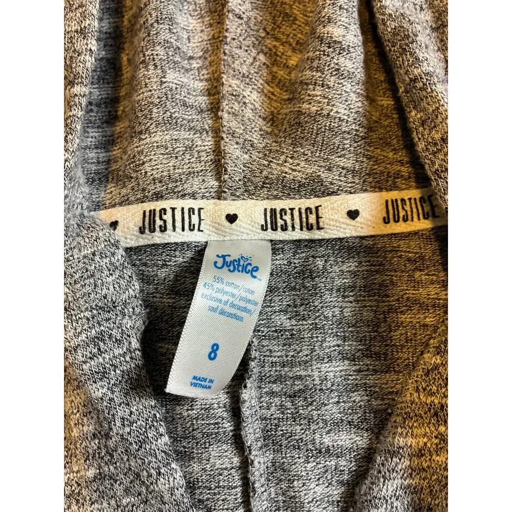 Justice Girls S 8 Gray Hooded Tunic Top Rainbow Logo Striped Sleeve Lightweight